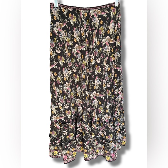 Max Studio Tiered Chiffron Ruffle Trim Maxi Skirt Dark Floral Bird Print - Picture 1 of 3